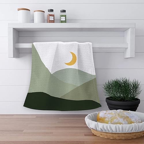 Miniatura 3 de OHSUL Juego de 2 paños de cocina abstractos bohemios con diseño de sol y luna, verde salvia, montaña verde salvia, altamente absorbentes, toallas de