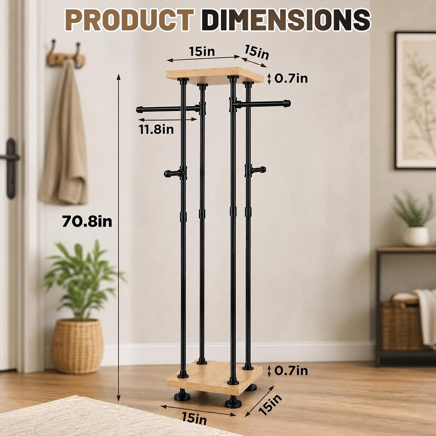 Novabright 71" Industrial Pipe Clothing Rack 4-Way Garment Rack with 2-Tier Solid Wood Shelves Heavy Duty Retail Display Stand for Boutiques Home Entryway Clothes Storage for Dresses Coats Shoes