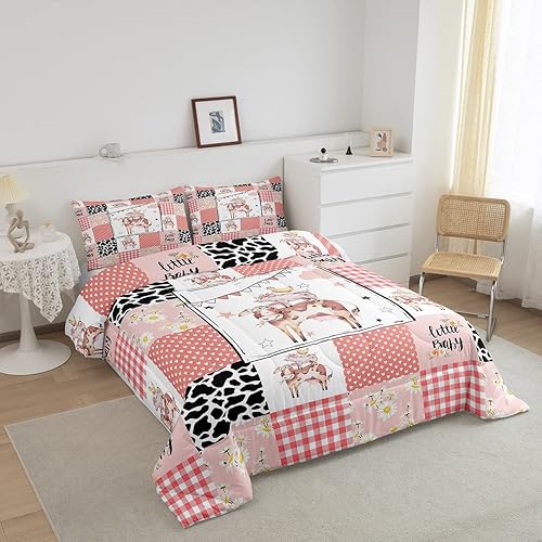 Miniatura 2 de Juego de ropa de cama con estampado de vaca, juego de edredón de vaca de dibujos animados, tamaño individual, decoración de edredón de retazos