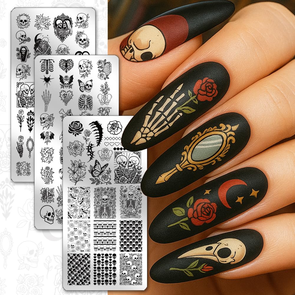 PH PandaHall 3pcs Skull Nail Stamping Plates - Image 3