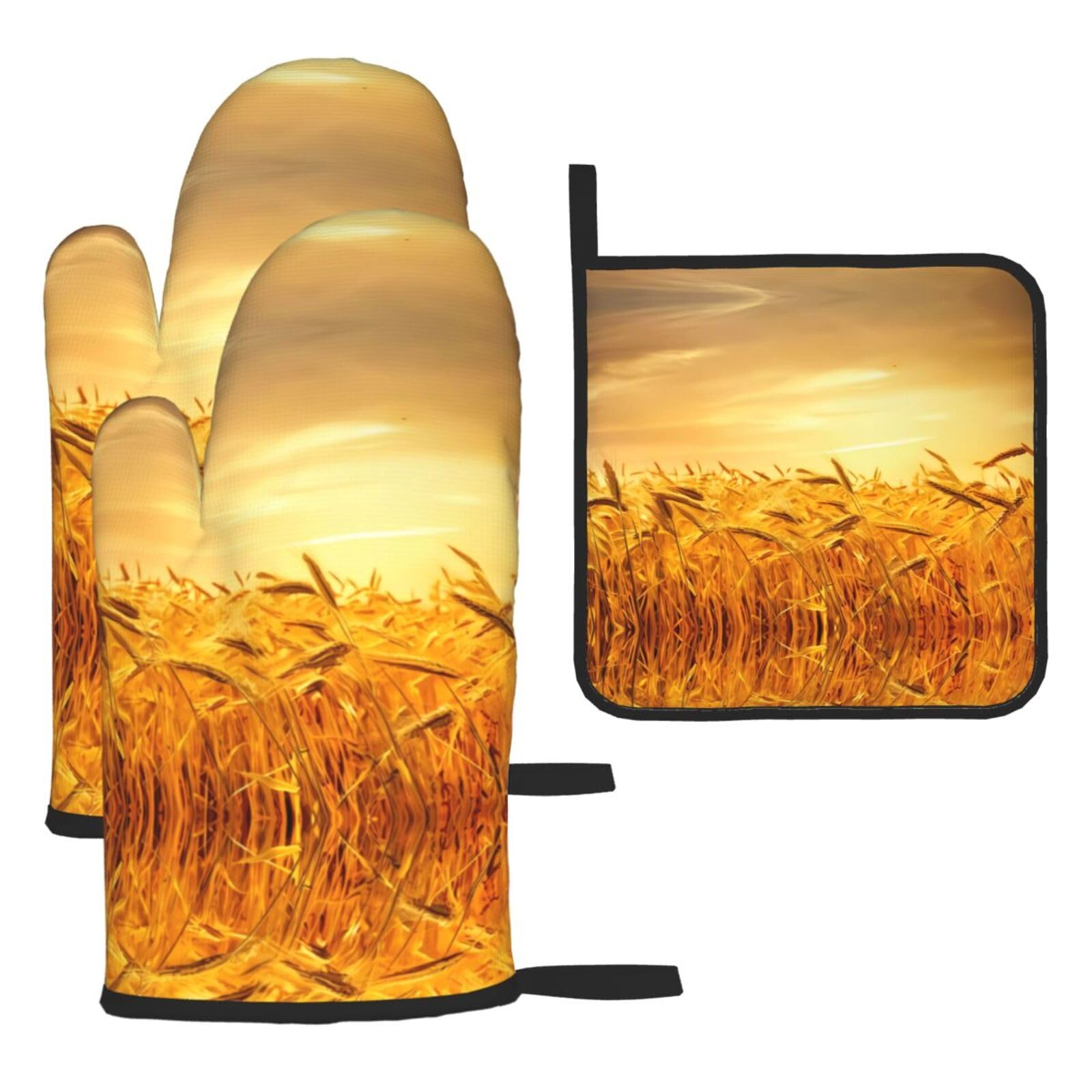 Wheat Field 3 Piece Kitchen Oven Mitt Set Heat Resistant Gloves with Pot Holder Mat Polyester Printed for Cooking Baking BBQ Grill