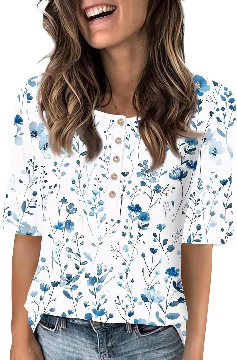 Elbow Sleeve Tops Women Trendy 2025 Summer Ruond Neck Button Blouse Casual Half Sleeve Tops Womens Basic Tee Shirts