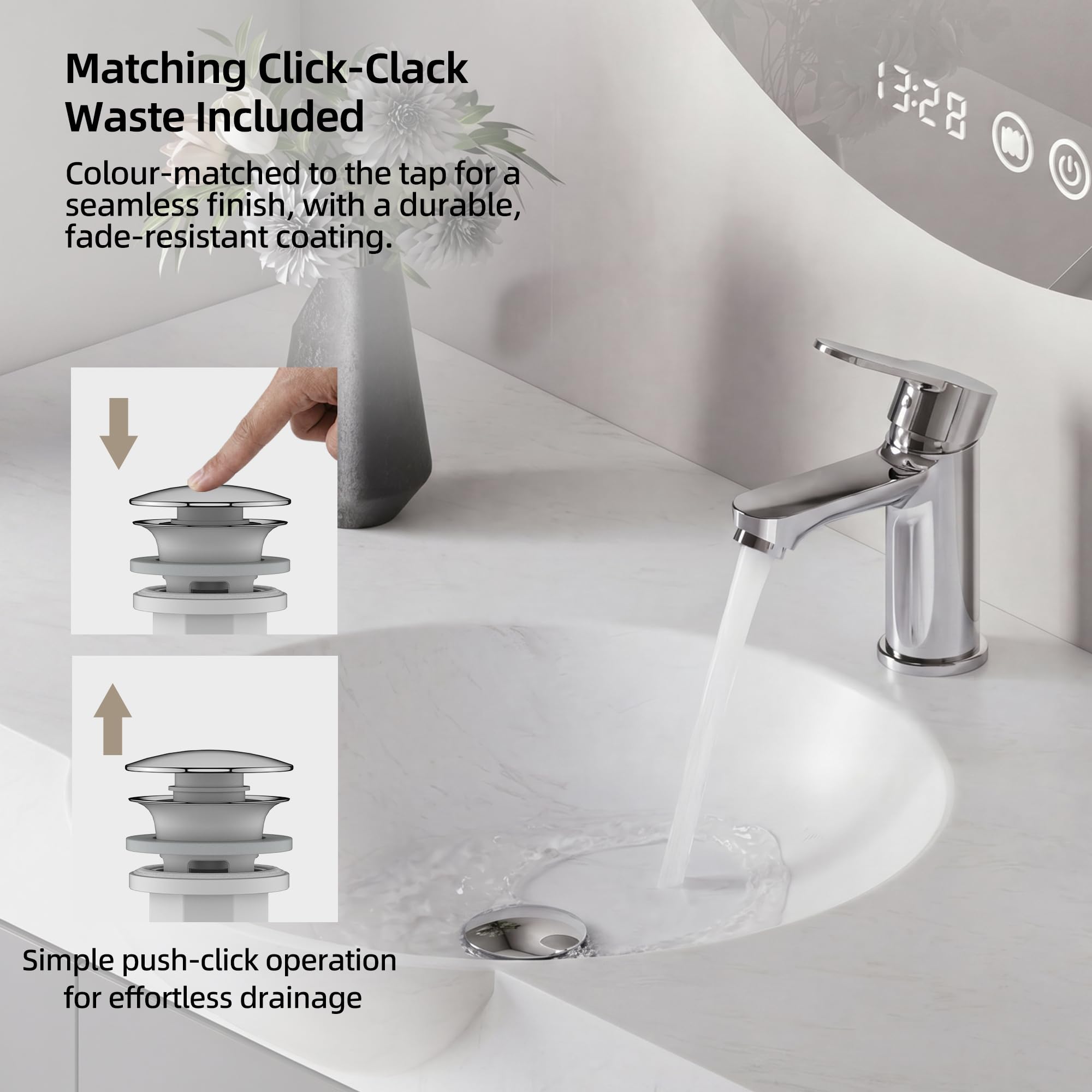 BELZ Grifo mezclador de lavabo moderno con desagüe emergente, grifo de baño con doble control de calor y frío, tecnología resistente a fugas, resistente al óxido para baños modernos