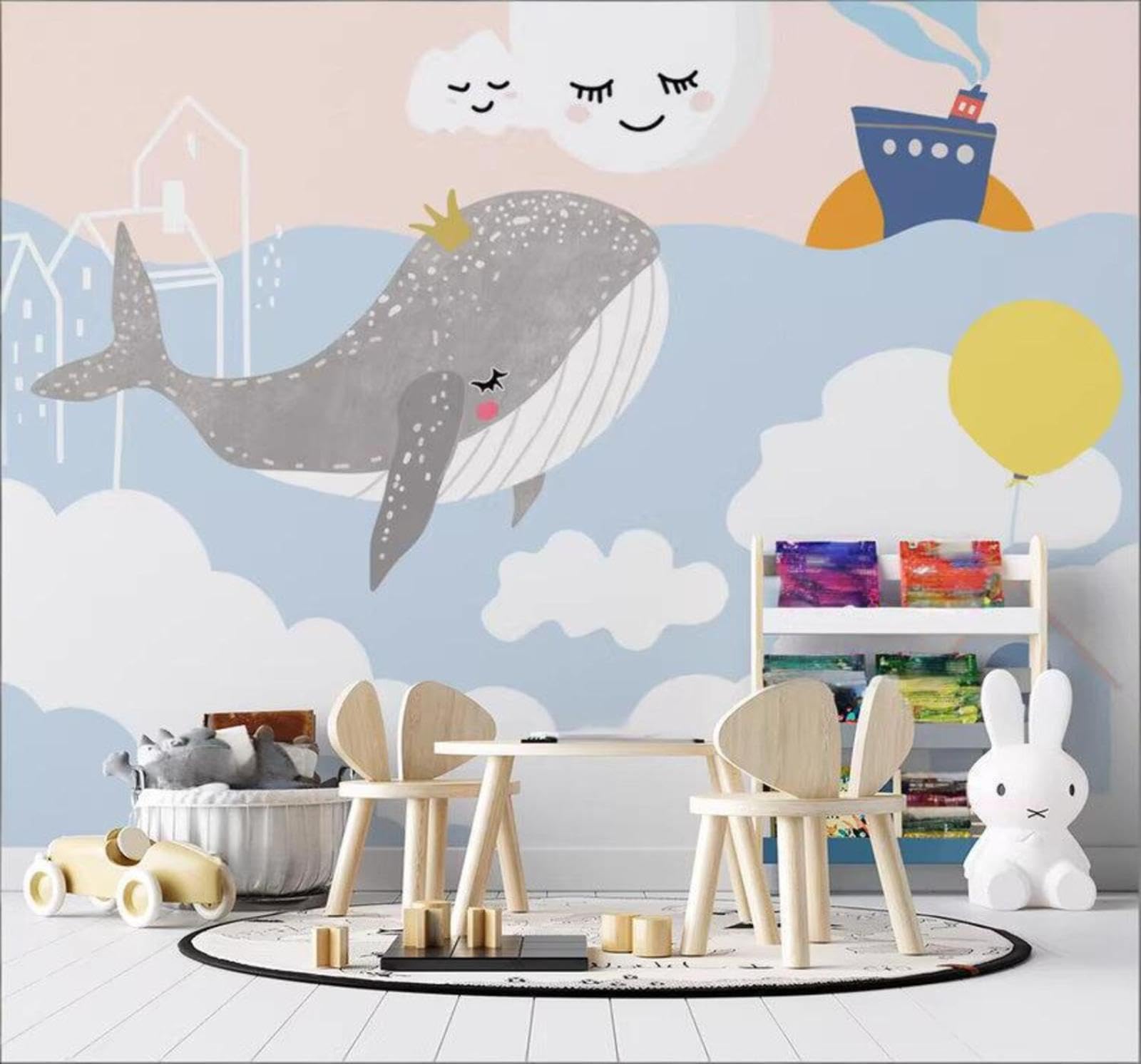 Xlming 350Cm×256Cm(B×H) Cartoon Minimalist Hand Drawn Whale Unique 3D Wallpaper Luxury Silk Study Dining Feature Sofa Grey Bedroom Living Room Tv Decorative Wall-350Cm×256Cm