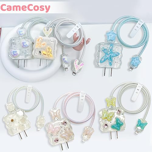 Miniatura 7 de Lindo protector de cable de onda compatible con adaptador de cargador de iPhone con diseño láser de mariposa rosa brillante, cubierta de línea de