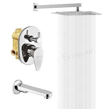 Specule Vignette Series Complete Brass, Concealed Square Body Diverter Full Set with SS-304 Grade 6 Inch Overhead Shower and Bath Tub Spout (Chrome)