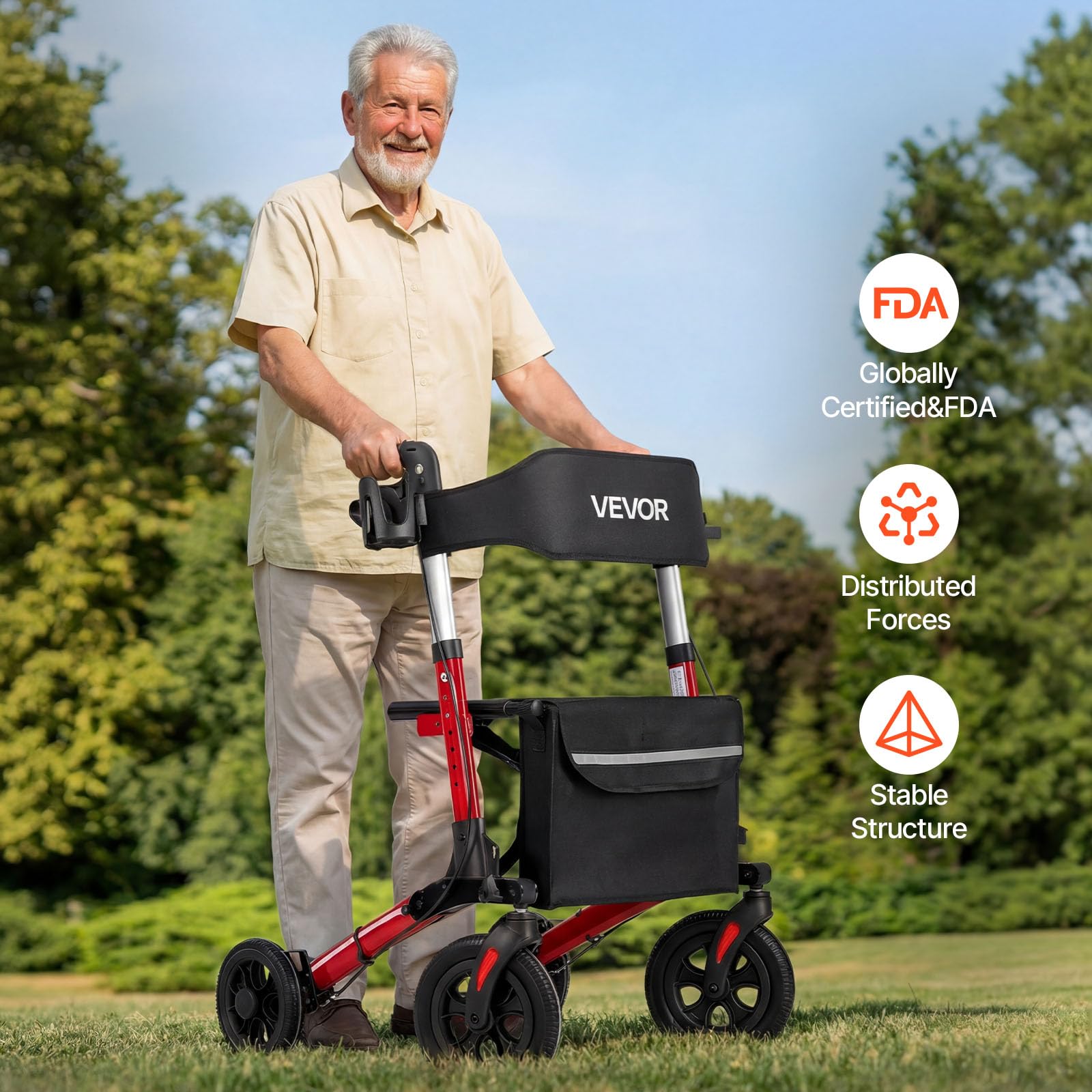 VEVOR Deambulatore con Sedile Carico Max 136 kg per Sostegno Camminata, Deambulatore Pieghevole in 3, Ausilio Struttura in Alluminio con Ruote Maniglia Regolabile e Porta Bastone, per Anziani Disabili