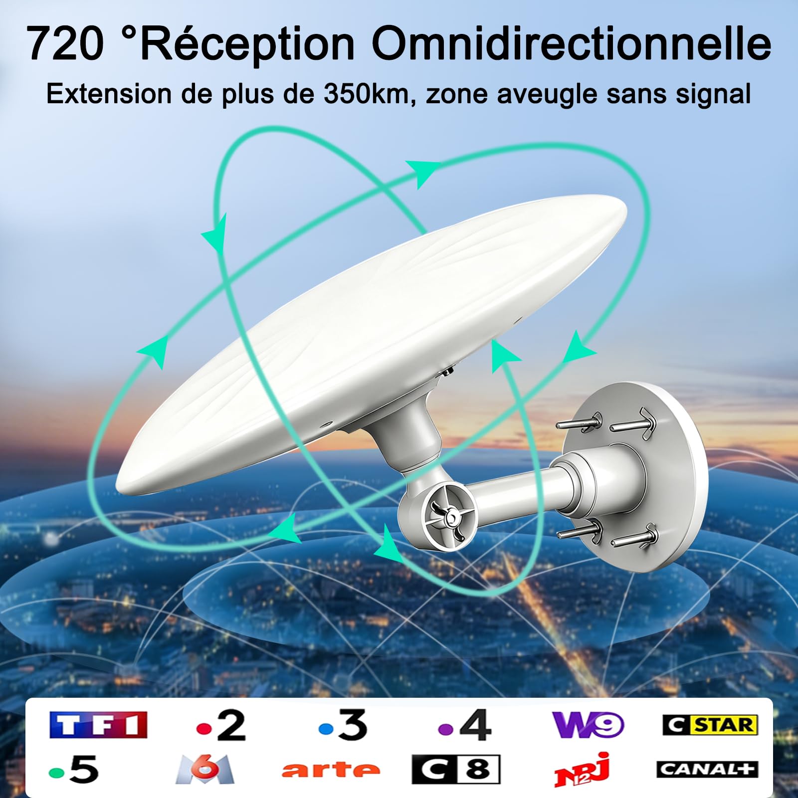 Antenne TV Exterieure Puissante DVB-T/DVB-T2, Antennes TNT Exterieur | Réception Omnidirectionnelle 720° Antenne TNT Exterieur Puissante, pour Camping Car, Caravane, Fourgon, Van, Camion, Bateau
