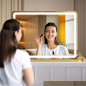Hasipu Vanity Mirror with Lights, 27.6" x 20" LED Makeup Mirror, Lighted Makeup Mirror with Dimmable 3 Modes, Touch Screen Control Vanity Mirror Round Gold