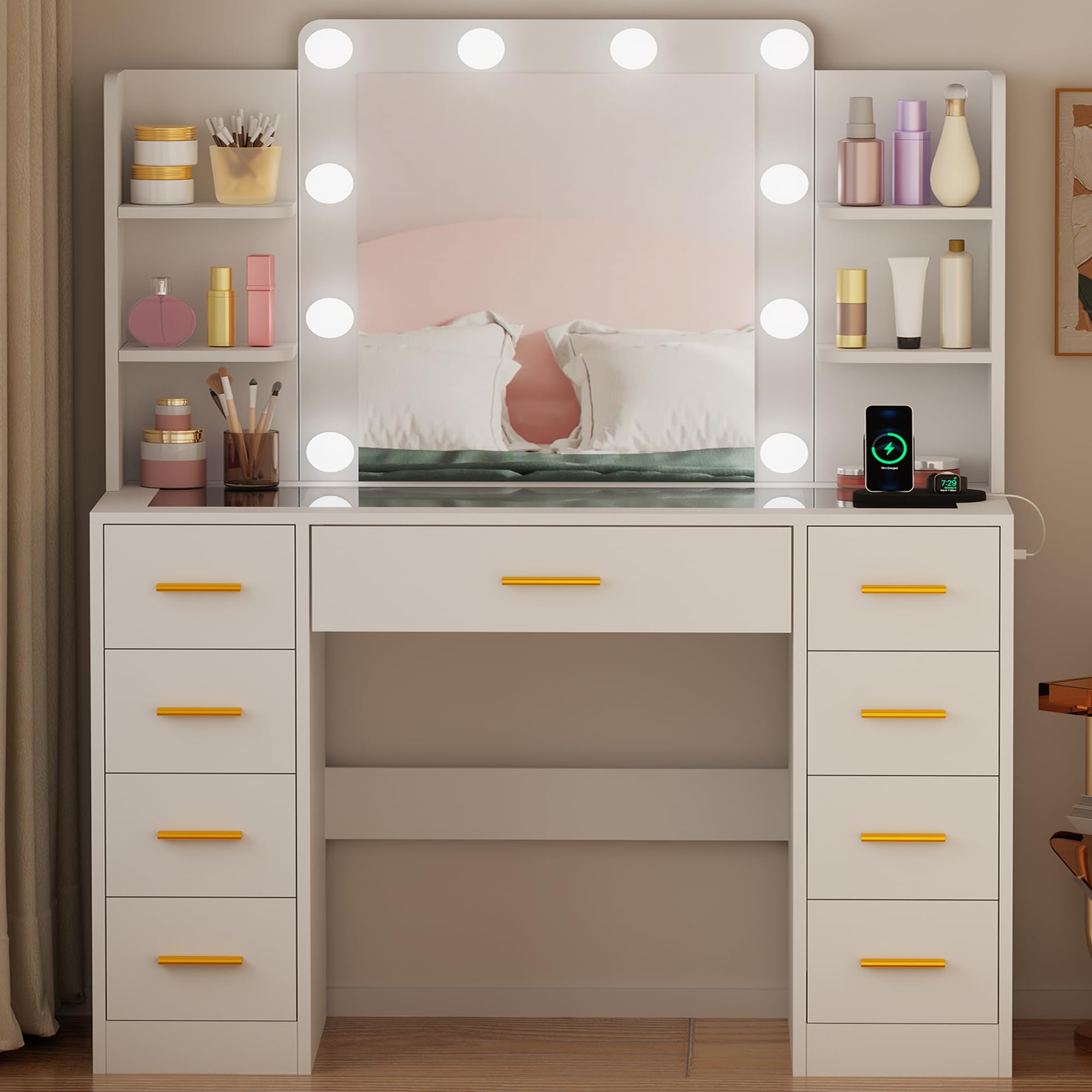 BEWISHOME Grande Coiffeuse avec Miroir et LED lumières,Luminosité Réglable,Coiffeuse avec Plateau en Verre,Table de Maquillage avec Multiprise,9 Tiroirs,4 Étagères Ouvertes Moderne Blanc EFST39W