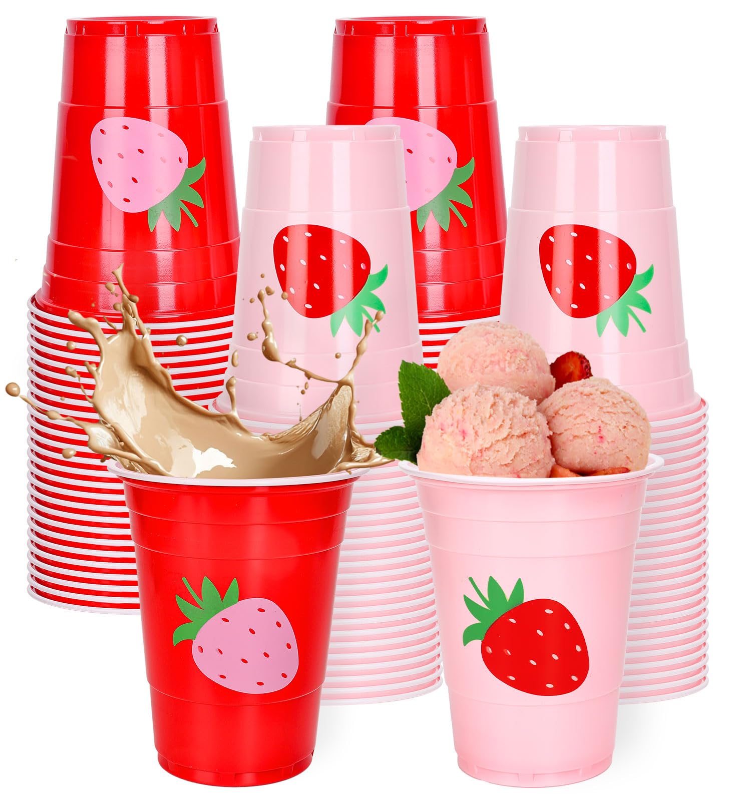 FYSUIMU Erdbeer-Plastikbecher, 473 ml, Rot / Rosa, Einweg-Trinkbecher, stapelbar, Partybecher für Sommer, Geburtstag, Babyparty, Partyzubehör, 100 Stück