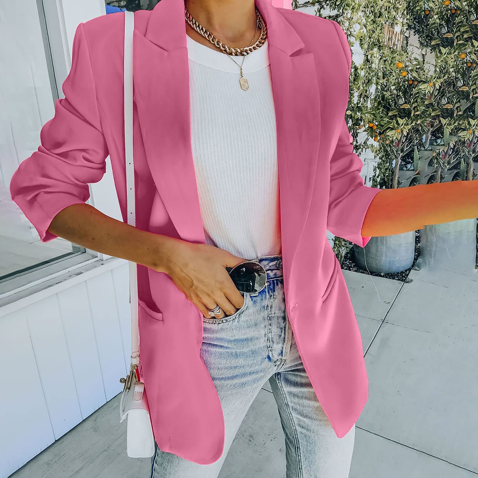 Modische Damen Anzugjacke leichtem Strick für Business Freizeit mit elegantem gekerbten Kragen langen Ärmeln