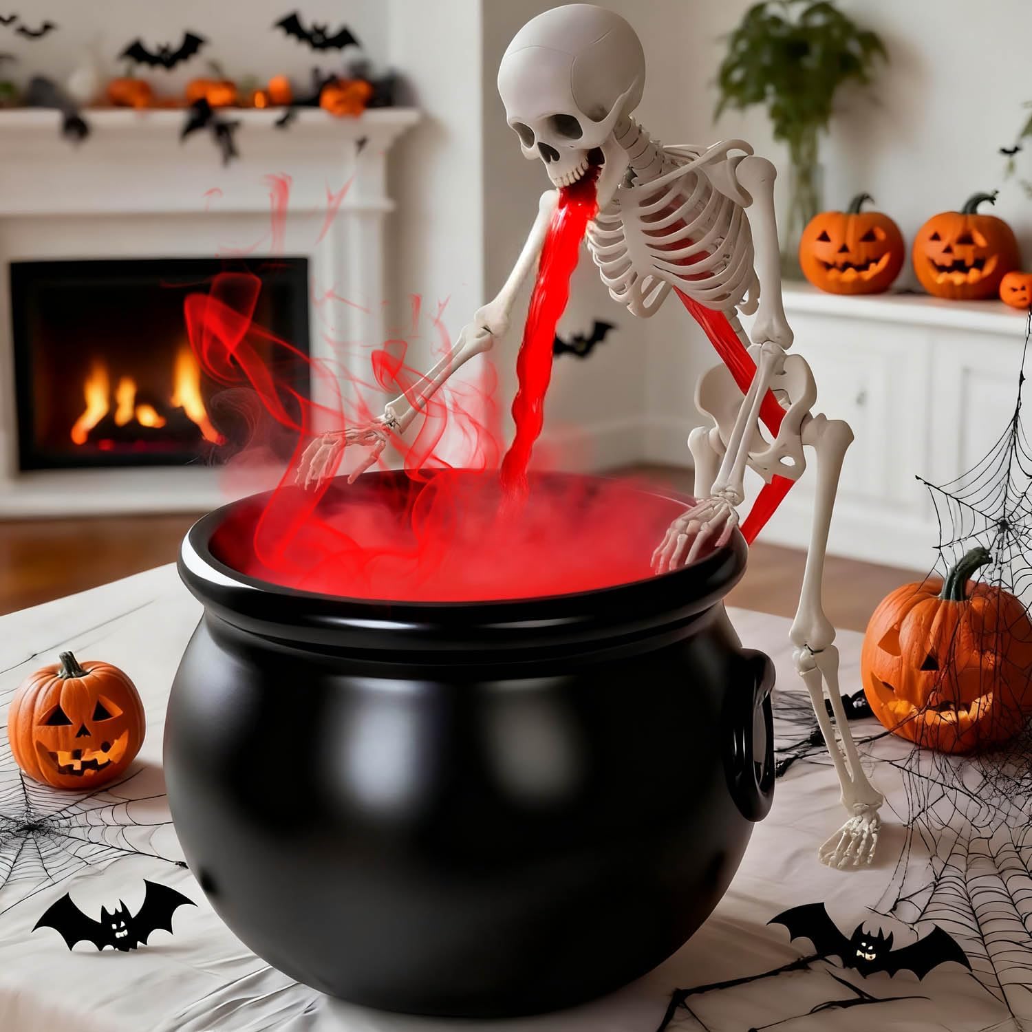 Halloween Decoration, Ultrasonic Mist Maker Fogger with Black Witch Cauldron Halloween Skeleton Splash Guard, Spooky Hocus Pocus Party Halloween Decor for Home Table Kitchen Garden Style 2
