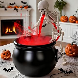 Halloween Decoration, Ultrasonic Mist Maker Fogger with Black Witch Cauldron Halloween Skeleton Splash Guard, Spooky Hocus Pocus Party Halloween Decor for Home Table Kitchen Garden