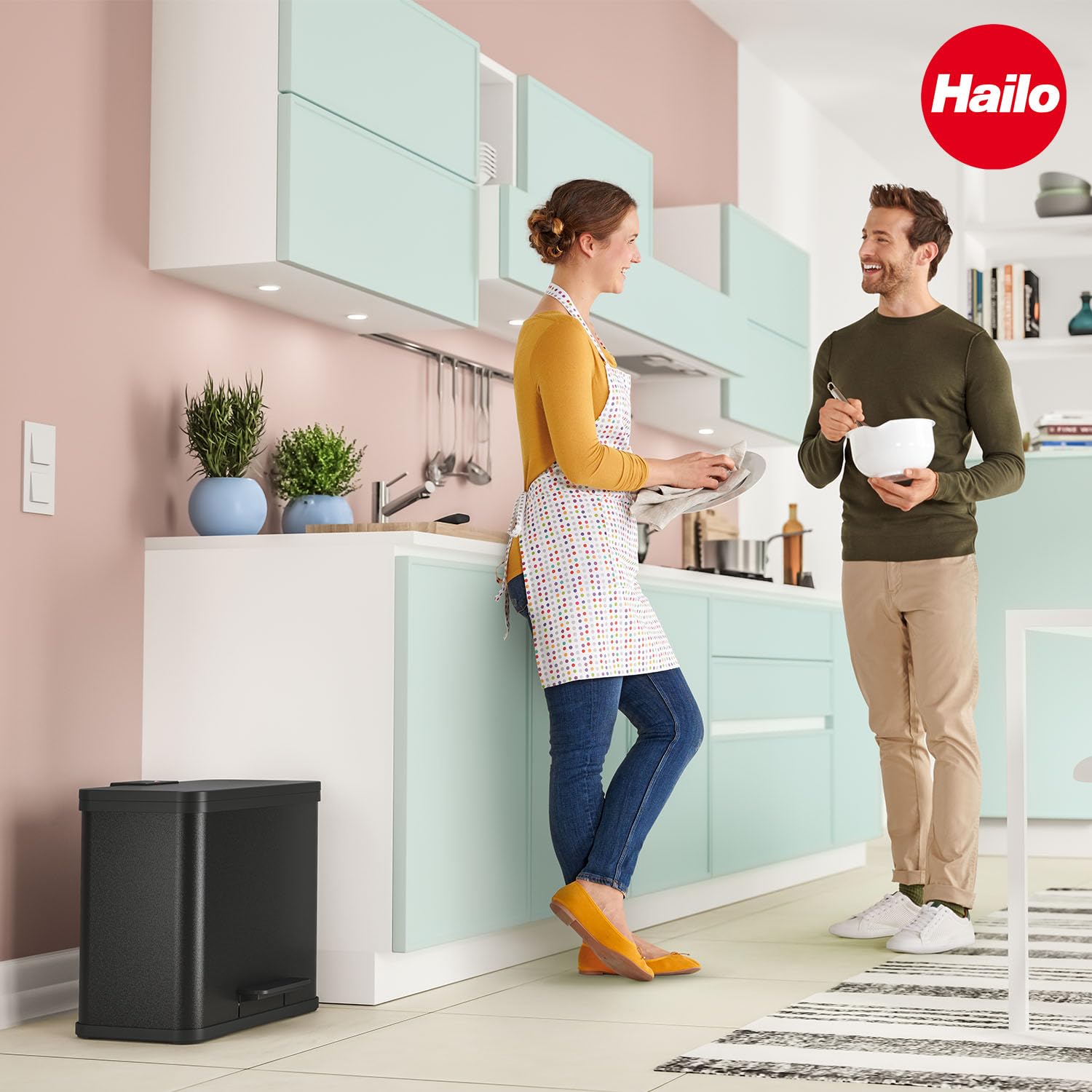 Hailo 0630-260 Oko Duo Plus L Black Kitchen Trash Can with Dual 2.4 Gallon Bins, Soft Close Lid, Wide Ergonomic Foot Pedal, Anti-Tip Base Ring, Removable Inner Buckets Dual Compartment Recycling Ready