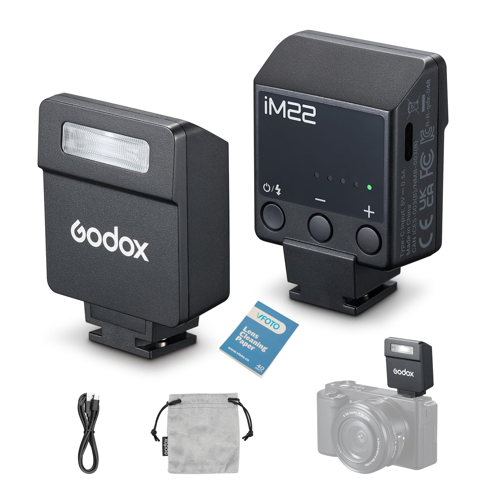 GODOX iM22 Mini Camera Flash Tempo di Riciclo 3s iFlash con 5 Livelli Potenza, On-Camera Flash Speedlite per Sony Canon Nikon Fuji Olympus Fotocamere