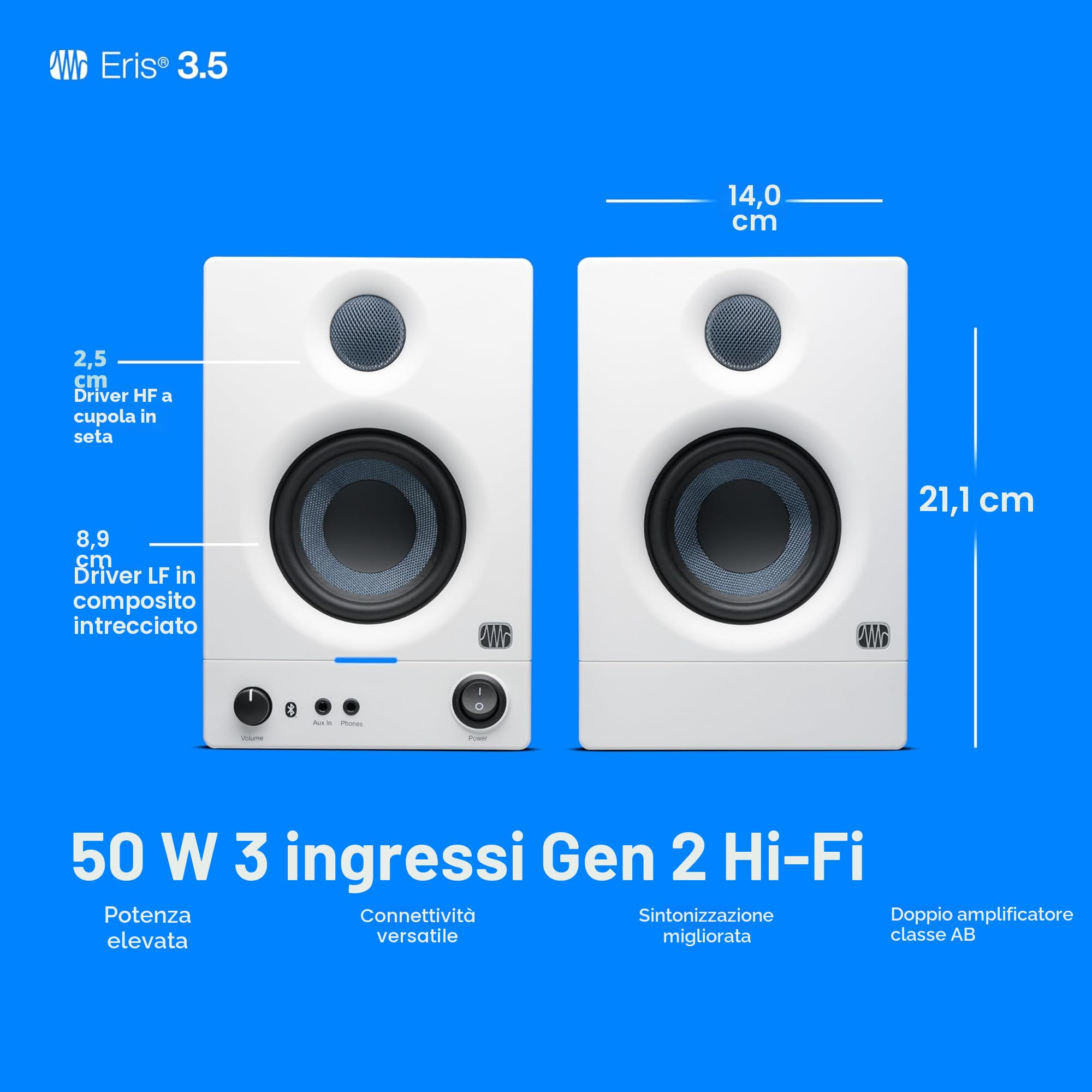 PreSonus Eris 3.5BT Gen 2" Altoparlanti per monitor da studio con Bluetooth, coppia, 3,5 pollici, 2 vie, altoparlanti da tavolo alimentati per multimedia, giochi, produzione musicale di qualità da