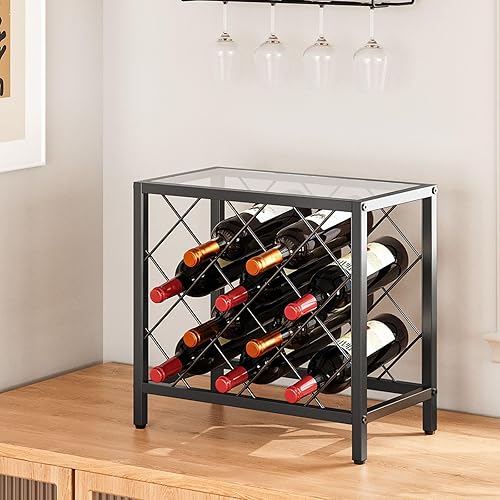 Miniatura 7 de HOOBRO Estante de vino para encimera, estante de almacenamiento de vino para 10 botellas, estante de vino pequeño de metal dorado moderno