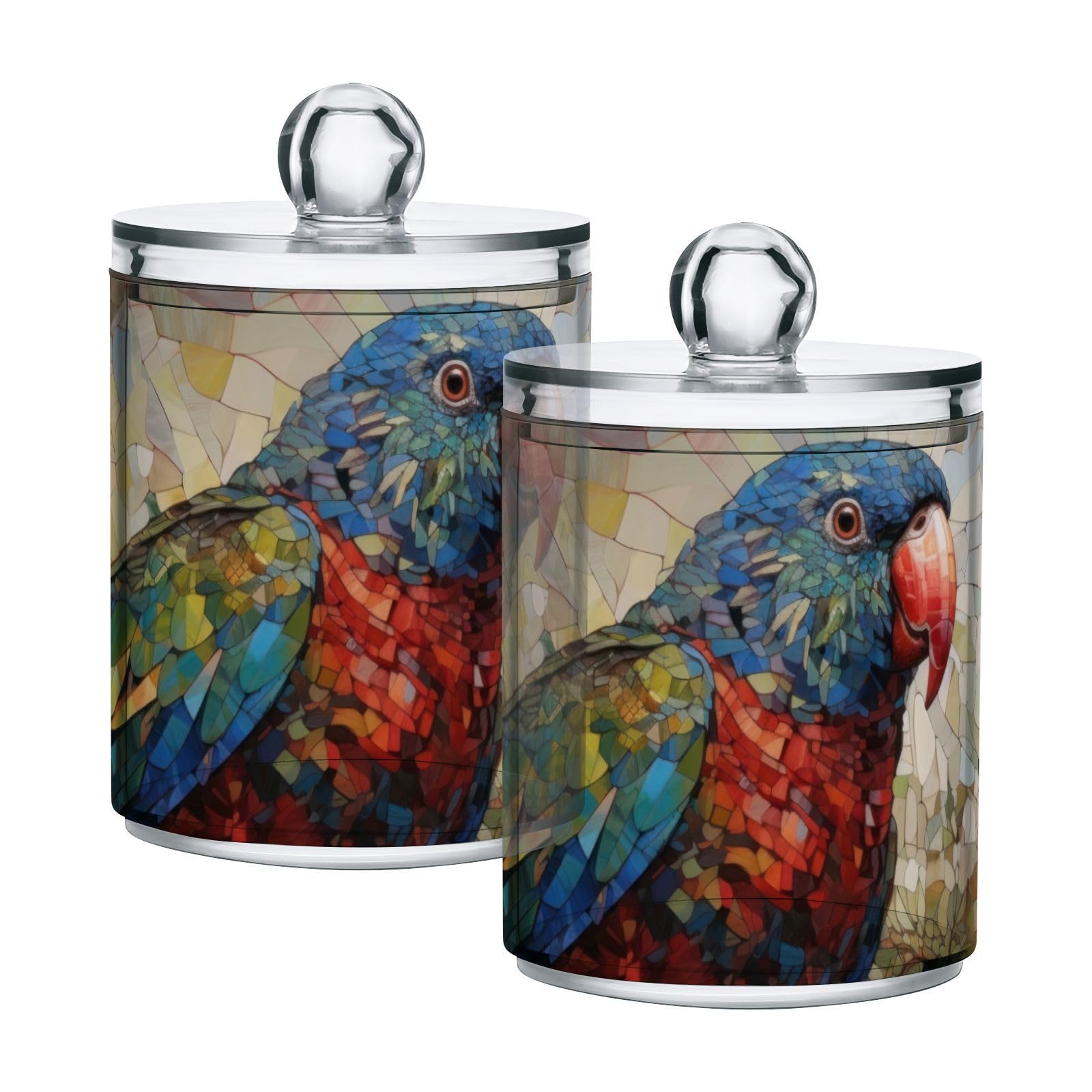 Vnurnrn Bathroom Jars with Lid Set Vintage Parrot Tree Print, Plastic Vanity Canisters Storage Organizer for Cotton Balls Swabs Pads Salts 4 Pack