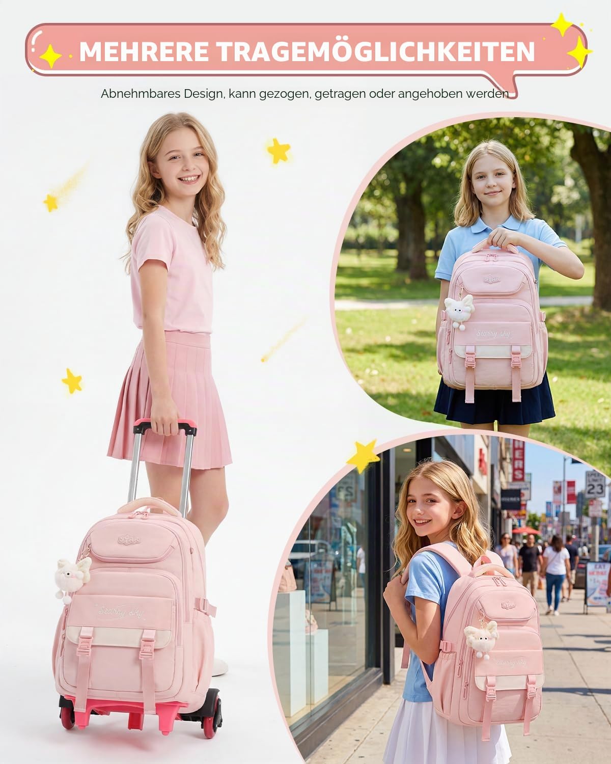 Amythe Schulrucksack Mädchen mit Rollen, 30L Rucksack Teenager Trolley | Schultasche mit 6 Räder für Grundschule Sekundarstufe, Abnehmbar Trolley Lässiger Ranzen, Rosa