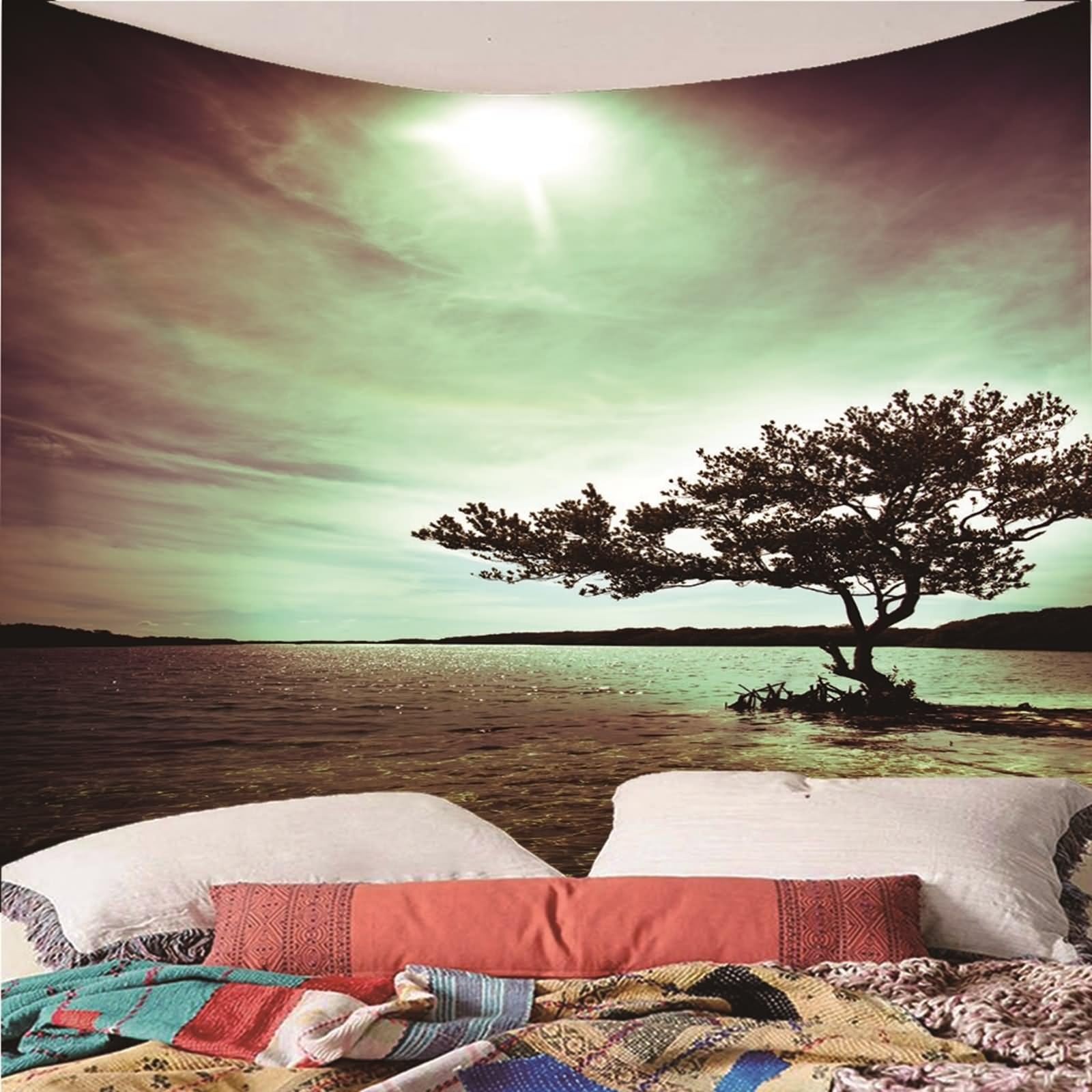 Tapiz tela, tapiz para recámara, para colgar en la pared, árbol en el mar al anochecer, multicolor de poliéster, 118.1 x 102.4 pulgadas (300 x 260 cm)