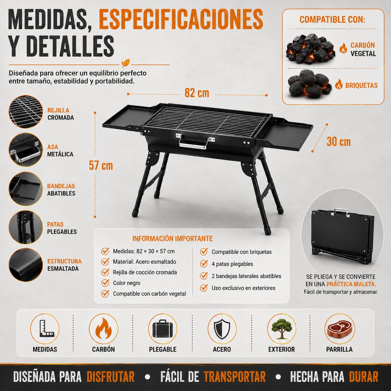 TIENDA EURASIA – Barbacoa de Carbón Plegable | Portátil con 4 Patas Plegables y 2 Bandejas Laterales Abatibles | Acero Esmaltado | Rejilla de Cocción Cromada | Negro | Carbón o Briquetas | 82x30x57 cm