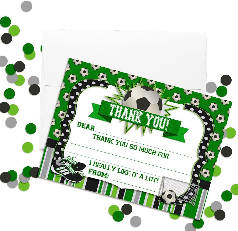 Soccer Birthday Thank You Notes for Kids, Ten 4" x 5.5" Fill In the Blank Cards with 10 White Envelopes by AmandaCreation