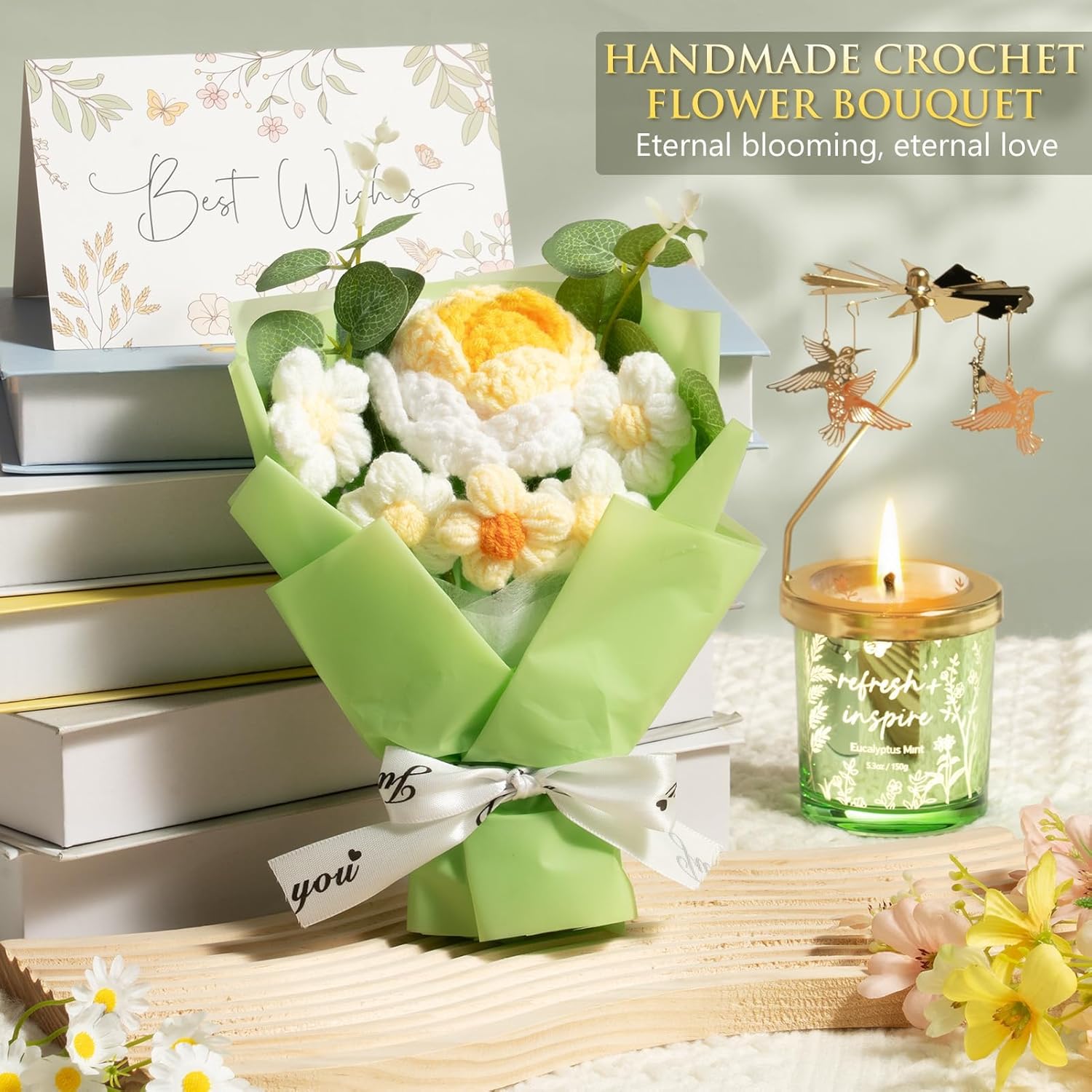 Valentine's Day Gifts for Women Her Girlfriend Wife, Unique Birthday Gifts for Women Mom Sister Daughter, Christmas Candles Hummingbird Rotating Scented Candles Set for Woman w/Crochet Flower Bouquet - Image 6