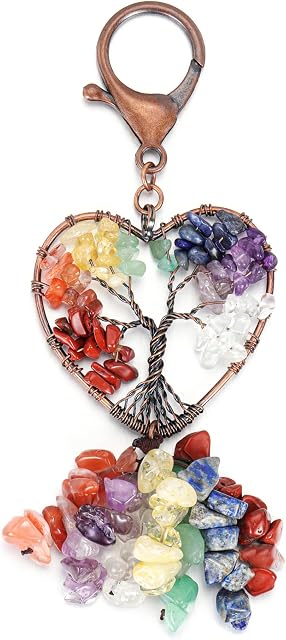 CrystalTears Chakra Healing Crystal Keyring Tree of Life Wire Wrapped Heart Shape 7 Chakra Gemstone Car Keychain for Women Girls Protection Good Luck Christmas Gift