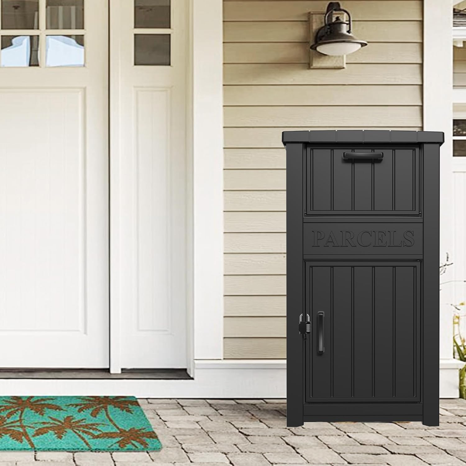 NUNU LAB Package Delivery Box with Lockable Secure, Waterproof Parcel Drop Box for Outside, Anti-Theft Resin Storage for Porch, Curbside (Black)