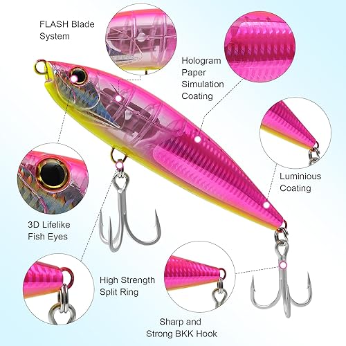 Miniatura 4 de Tuata Señuelos de pesca de atún Stickbait Agua Salada Trolling Señuelos Flotante Lápiz Offshore 6.890 in 3.17 oz con Gancho BKK