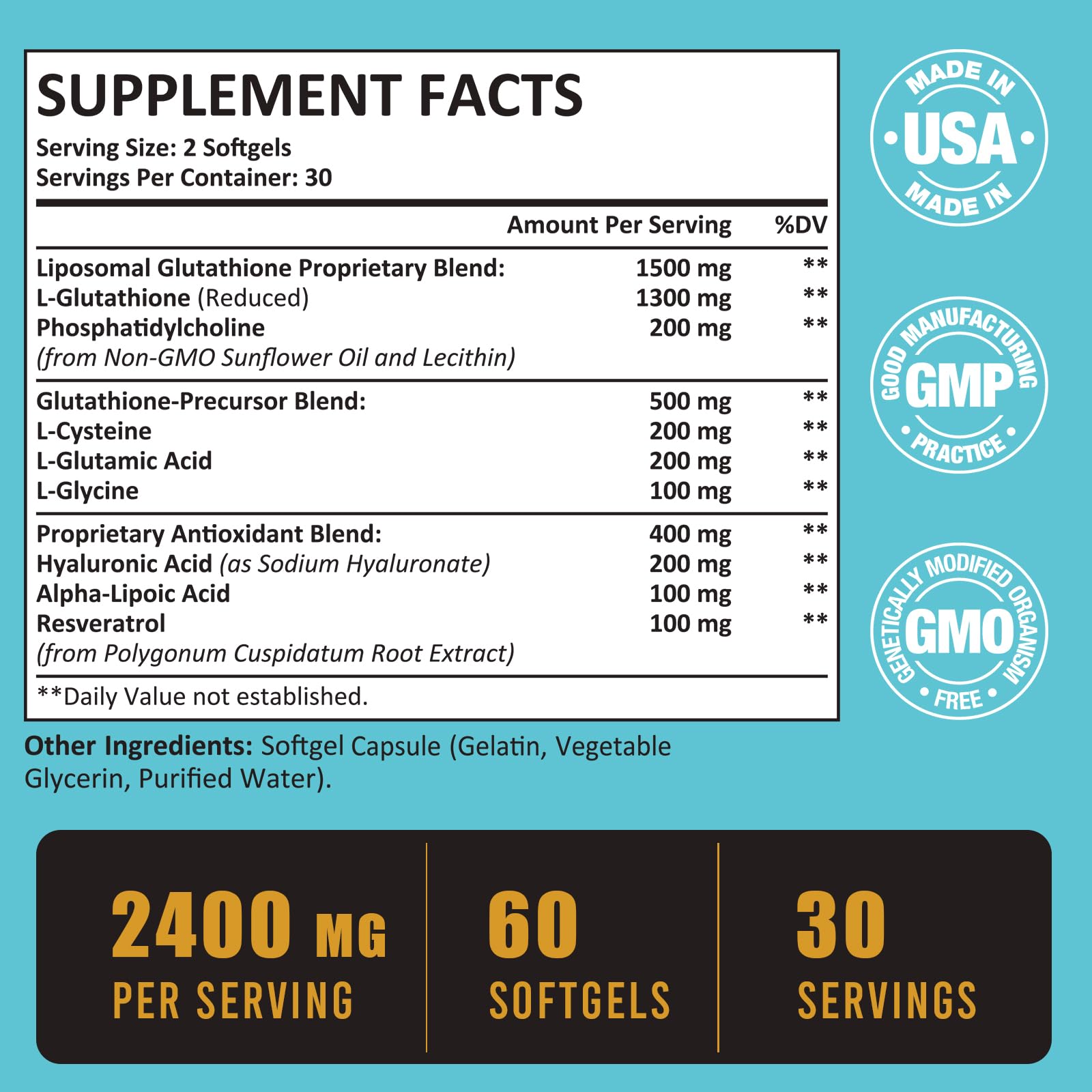 liposomal glutathione ingredients 2400 MG Softgels, Max Absorption, Active Form L-Glutathione Reduced (GSH), with Hyaluronic Acid, Resveratrol, Master Antioxidants for Detox, Brain, Immune System, 360 Softgels : Health & Household best bpc 157 capsules Size:40ml Milk Thistle