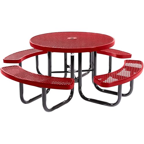 Coated Outdoor Furniture Heavy-Duty Portable Outdoor Picnic Table with Umbrella Hole, Expanded Metal Commercial-Grade Patio Dining Furniture Made in America (46" Round Top, Textured Red)