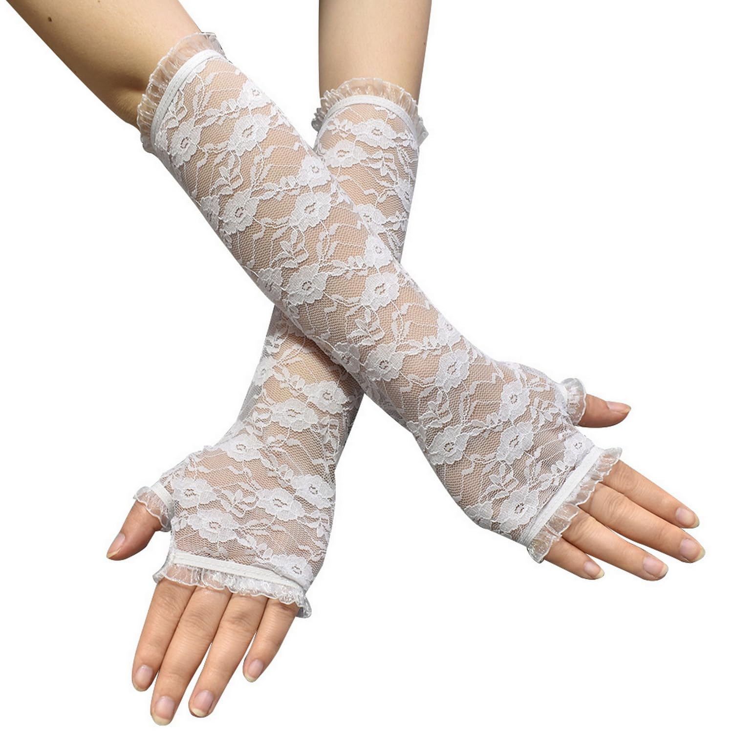 Sihaby Lady's Long Elegant Gloves,Fingerless Lace Bridal Gloves,Blacl White Floral Lace gloves for Wedding Opera Halloween Evening Party Tea Party