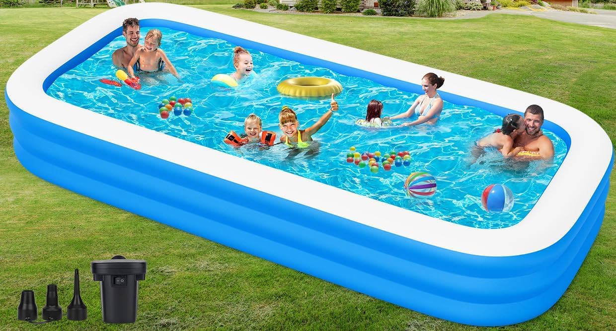 BTRD 10 Feet Rectangular Inflatable Pool with Electric Pump Full-Sized Swimming with Family Bathtub for Kids Adults Outdoor Backyard Garden Summer Party (Blue)-picture-37