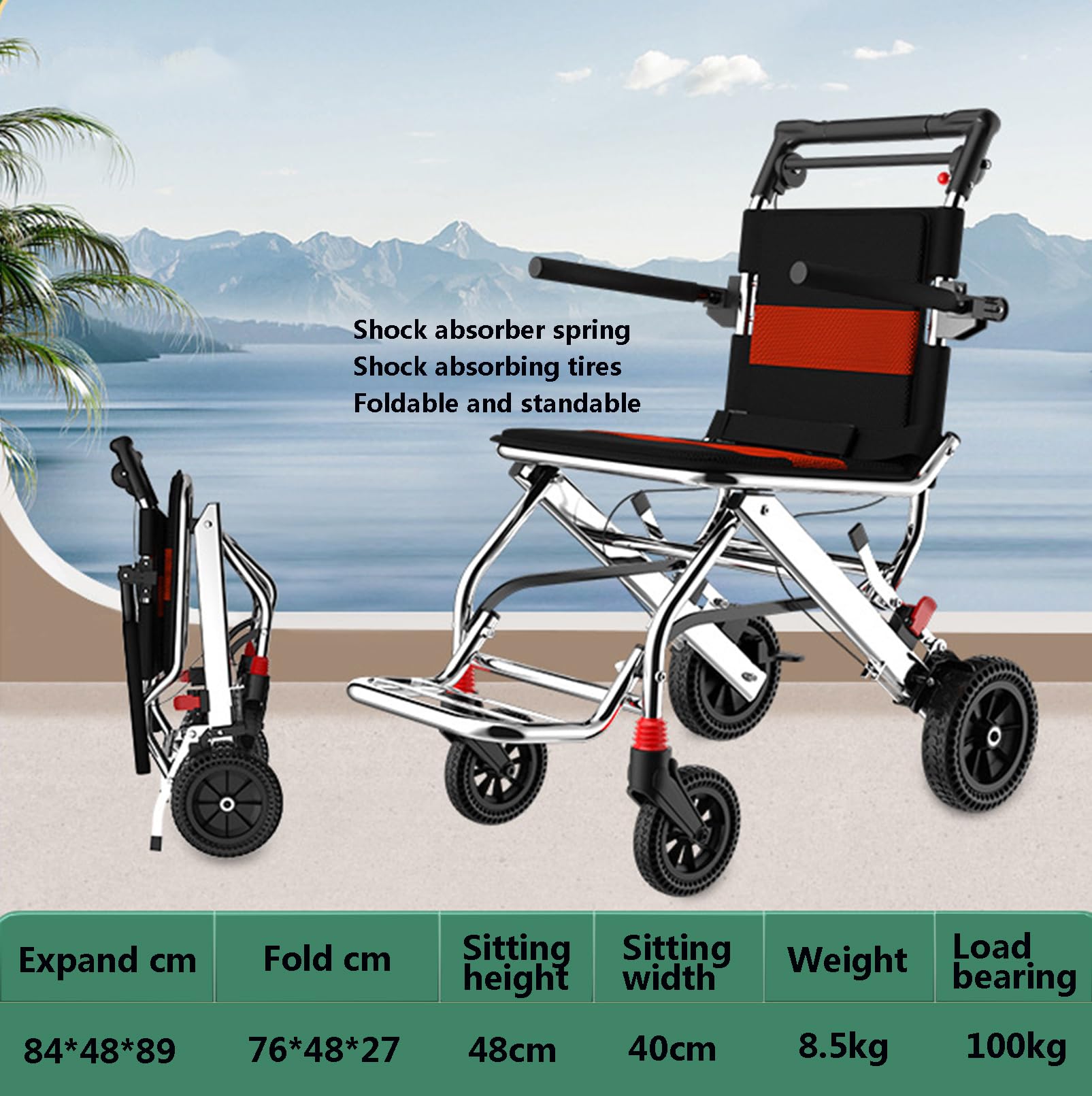 Silla de ruedas plegable ligera para adultos, silla de aluminio portátil para viajes, transporte y fácil movilidad