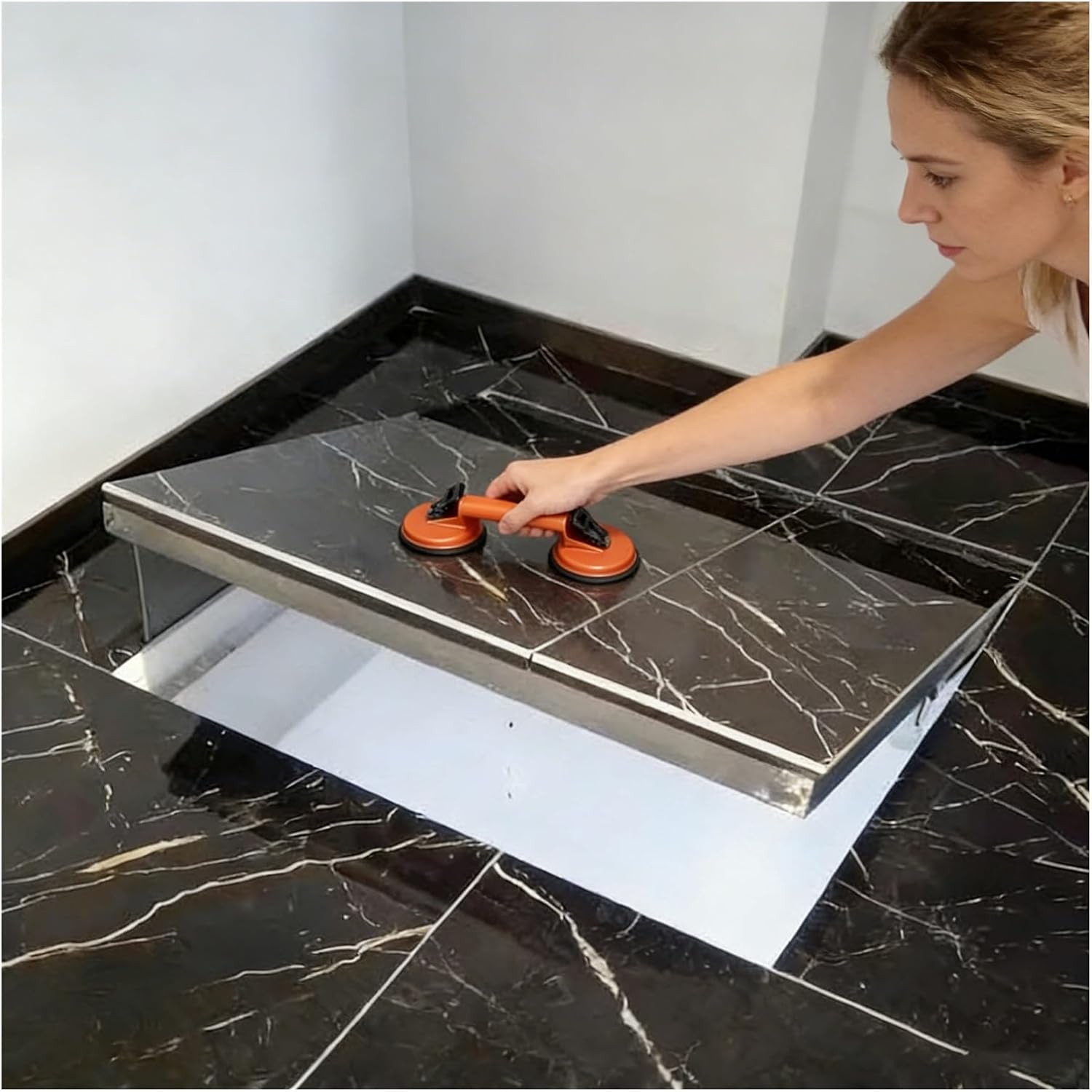 Hidden Basement Cellar Stair Door, Customizable Floor Access Hatch Panel with Suction Cups Opener for Residential & Commercial Use