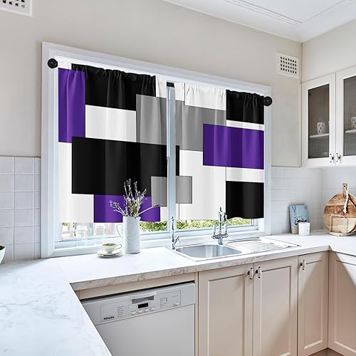 Vista 223 de Cortinas geométricas de cocina negras y grises de 63 pulgadas de largo, juego de 2, cortinas grises y blancas para dormitorio, sala de estar, Gris