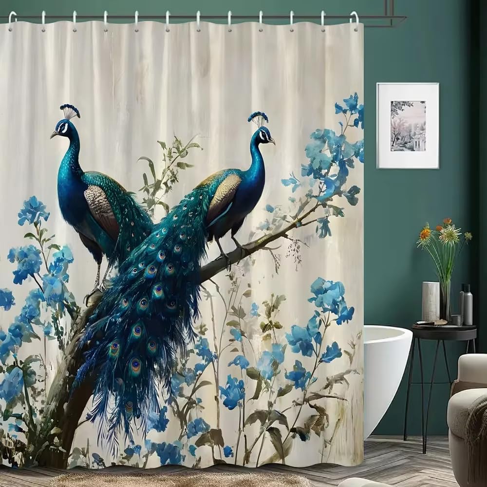 Duschvorhang „Pfau“ mit blühenden Blumen, botanisches Aquarellmotiv, künstlerische Gestaltung, Polyester-Duschvorhang, Badezimmerdekoration (240 x 200cm/BxH/Farben: 6)