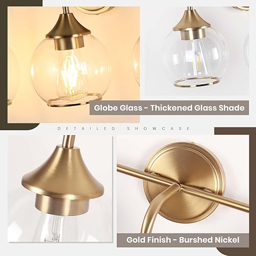 Miniatura 4 de Lámpara de tocador dorada de 3 luces modernas para baño sobre espejo, lámparas de baño de latón cepillado, apliques de pared de granja con pantalla