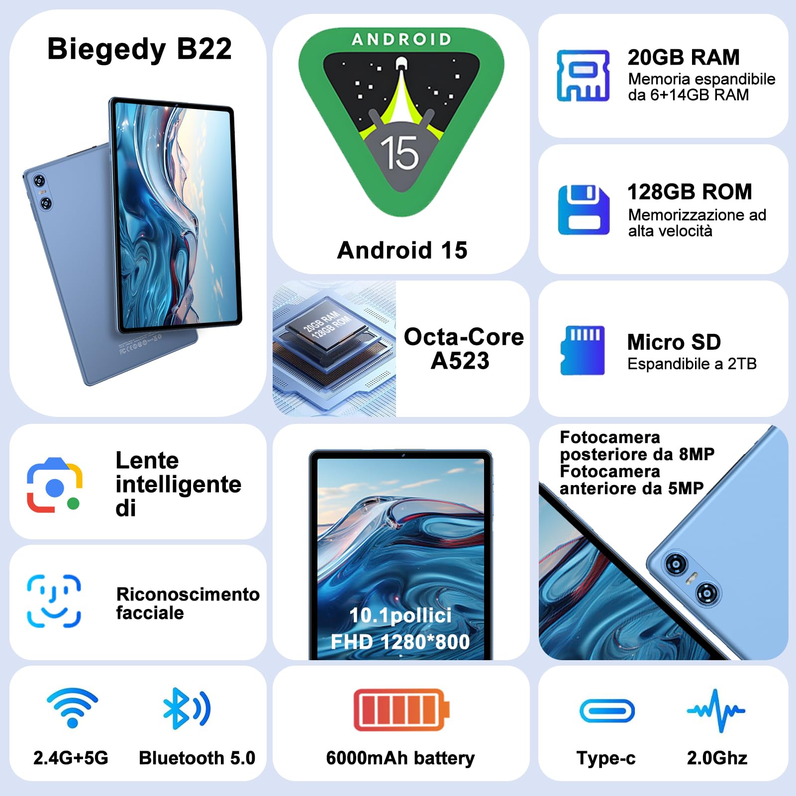 Biegedy Tablet 10 Pollici Android 15, Tablets 20GB RAM+128GB ROM (2TB TF), Octa-Core, Tablets 5G+2.4G WiFi 6, Widevine L1, GMS, Bluetooth 5.0, 6000mAh, 5+8MP, Tablet 2 in 1 Tastiera + Mouse - Blu