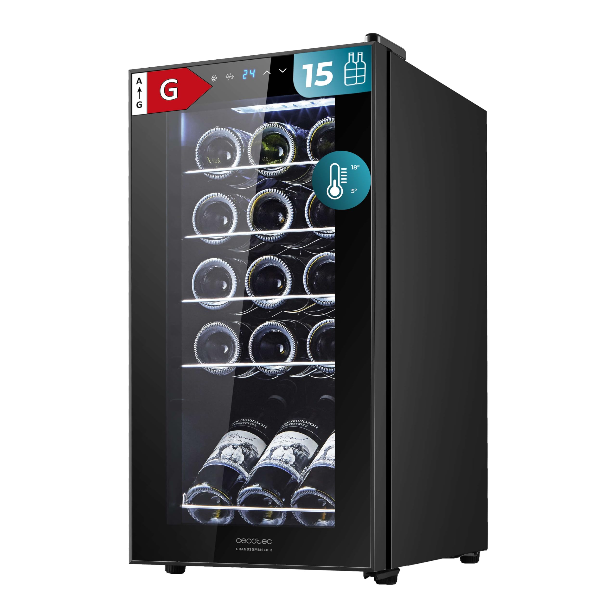 Cecotec Cave à vin Bolero GrandSommelier 1550 Black Compressor. Cave à vin noire, 15 bouteilles, compresseur, température réglable 5-​18°C, panneau tactile.