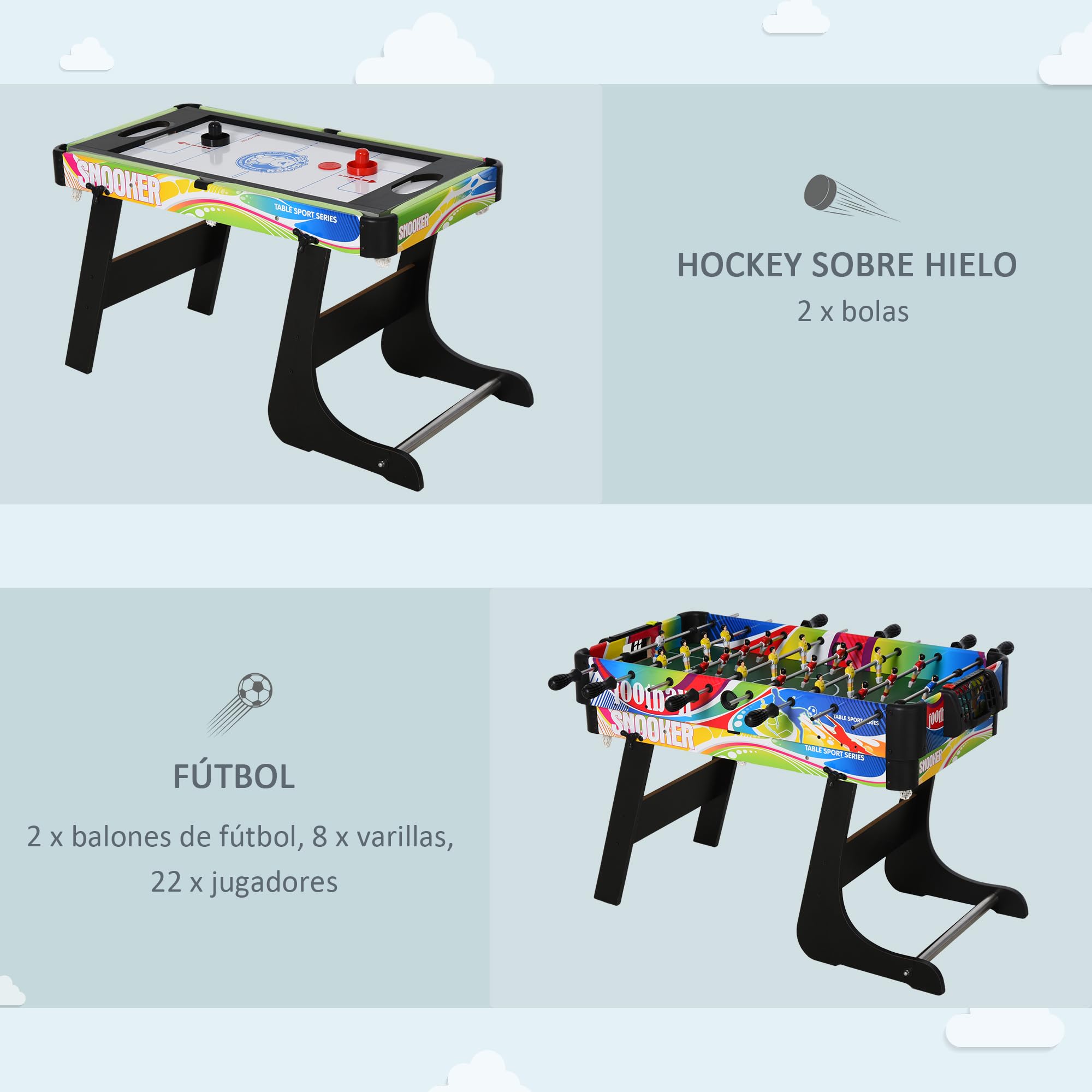 HOMCOM Mesa Multi Juegos Plegable 4 en 1 con Futbolín, Hockey, Billar y Ping-Pong, Mesa de Juegos de Sobremesa con Accesorios Incluidos, Diversión en Casa, 86,5x43,5x64 cm