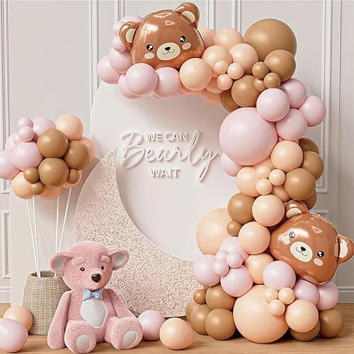 Pink Bear Balloon Garland Arch Kit 121pcs Pink and Brown Balloons with Bear Foil Balloons for We Can Bearly Waits Theme Baby Shower Birthday Party