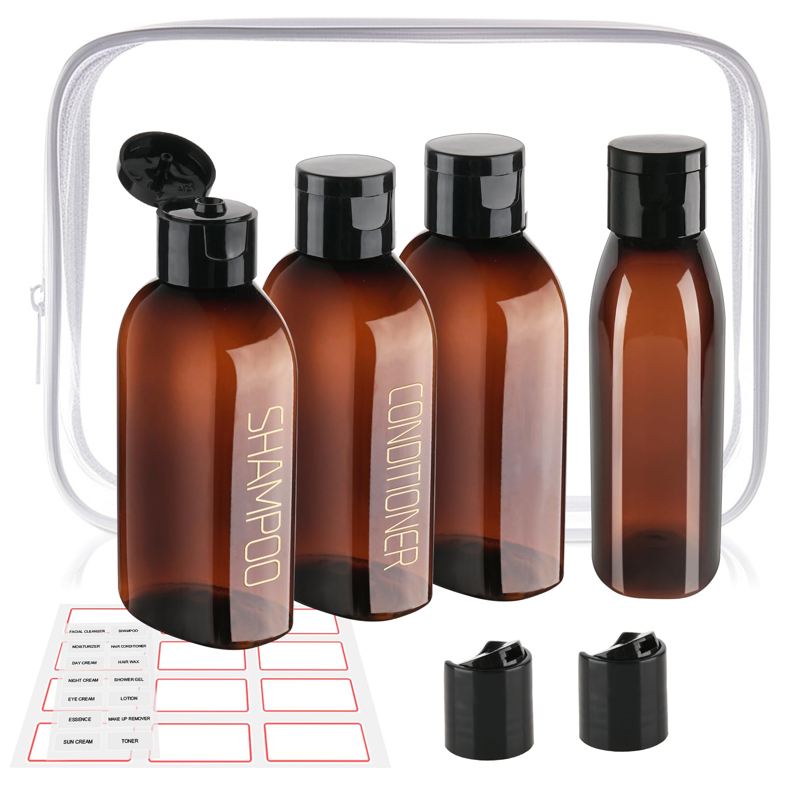Decorniqu Travel Bottles for Toiletries 4 Pack 100ml Leak Proof Travel Size Toiletries TSA Approved Shampoo and Conditioner Bottles Reusable Travel Essentials Plastic Squeeze Bottles with Flip Cap