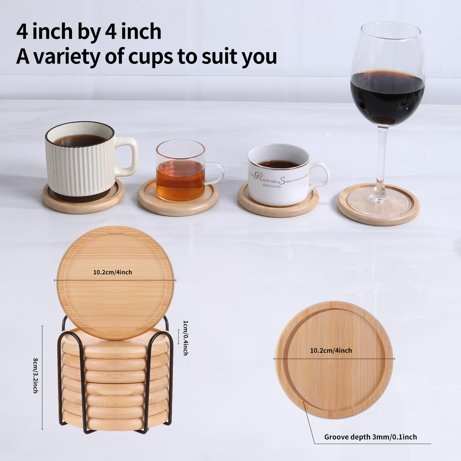 Posavasos de bambú para mesa de café, posavasos con soporte, posavasos calientes o fríos, juego de 4/8/12, 4 pulgadas, posavasos para bebidas, absorbentes, protección (12 piezas)
