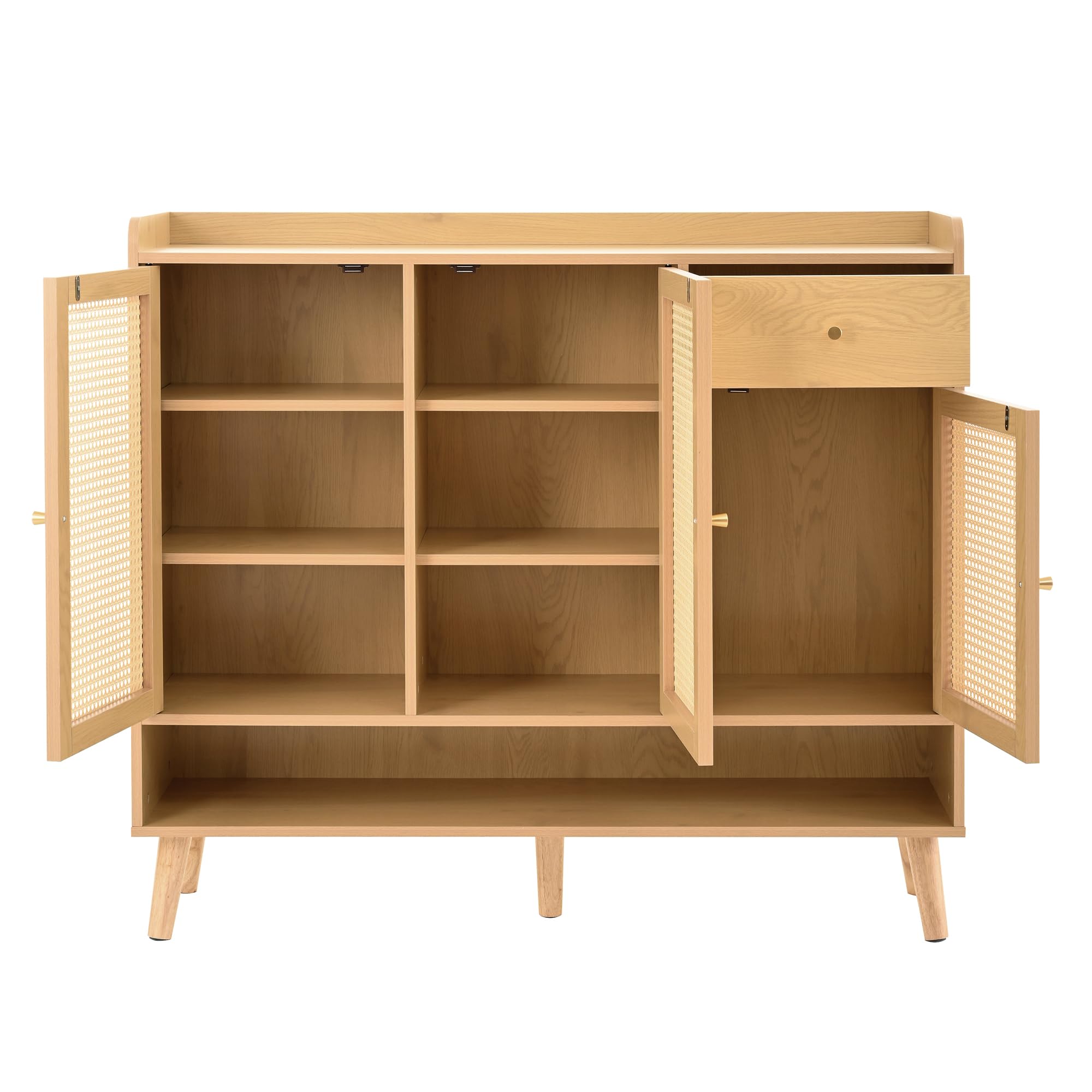 MURUL Zapatero de ratán natural, 120 x 106 x 35 cm, 3 puertas, 1 cajón, 5 estantes, para pasillo, mango de metal, patas de madera maciza