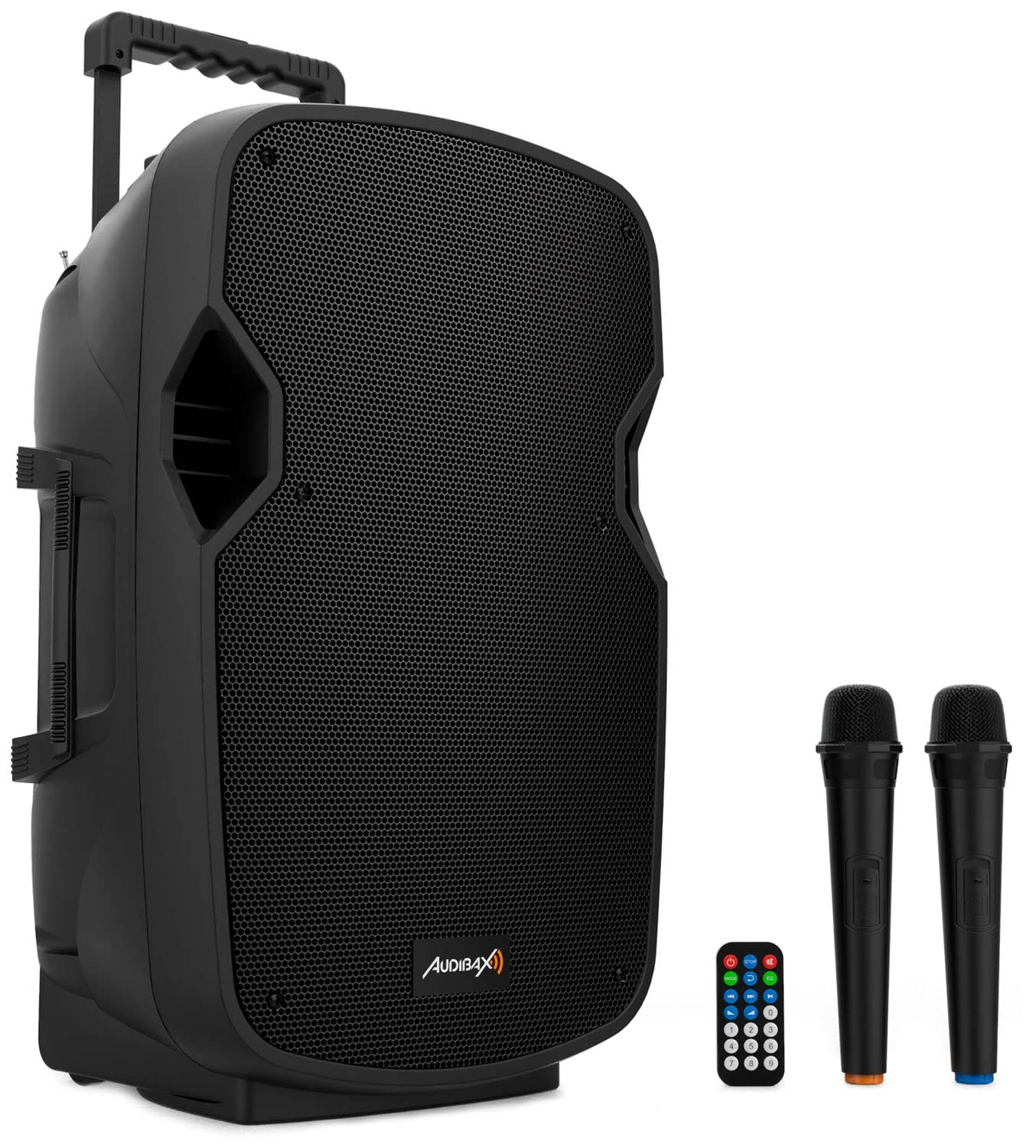 Audibax Denver 12 Altavoz Activo PA 12” con Batería, Ruedas + 2 Micros Inalámbricos Mano