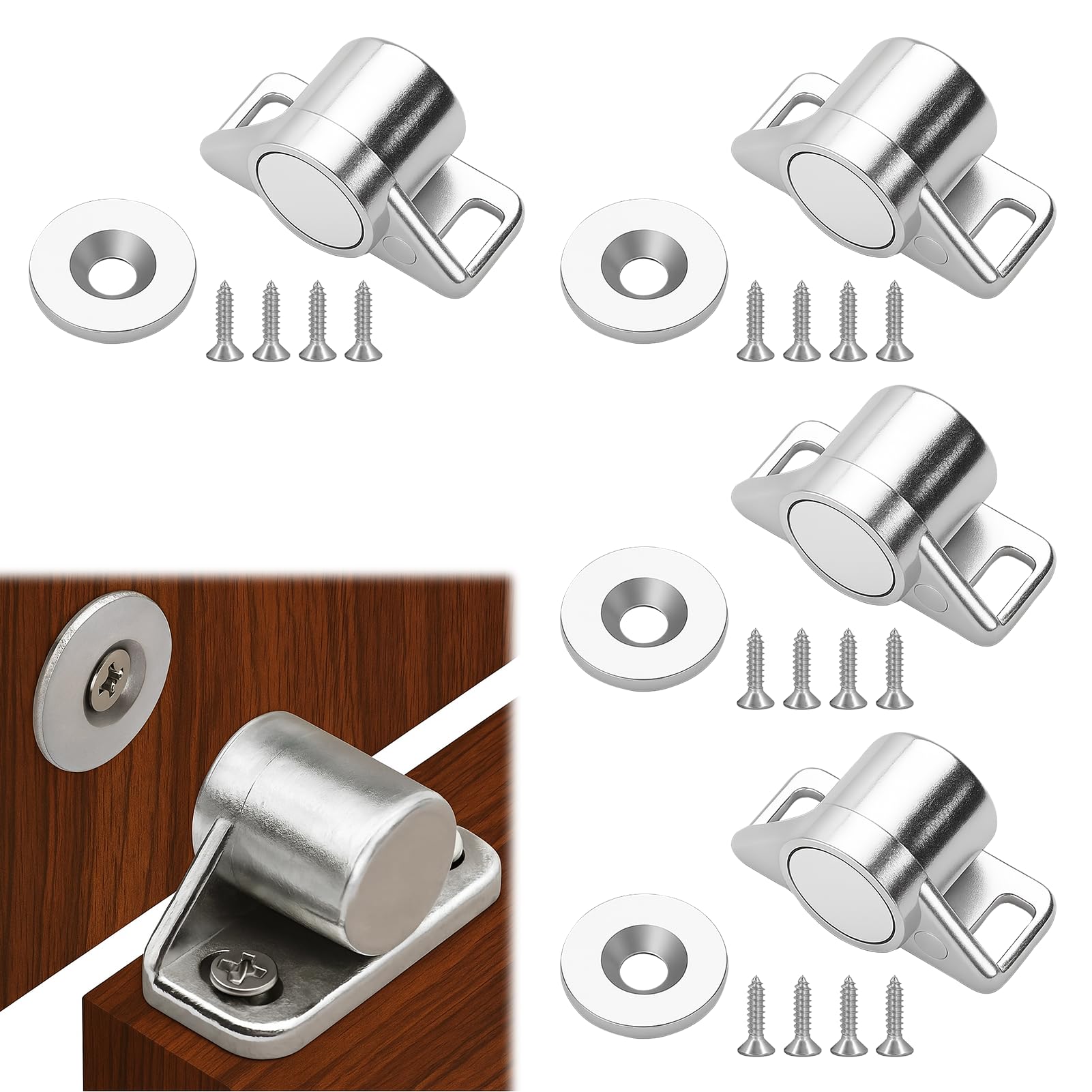 Door Magnets, 4PCS Cupboard Magnetic Door Catch, Strong Magnet Catch Silver Heavy Duty Doors Catches for Kitchen Cupboard, Wardrobe, Bathroom Cabinet, Drawer