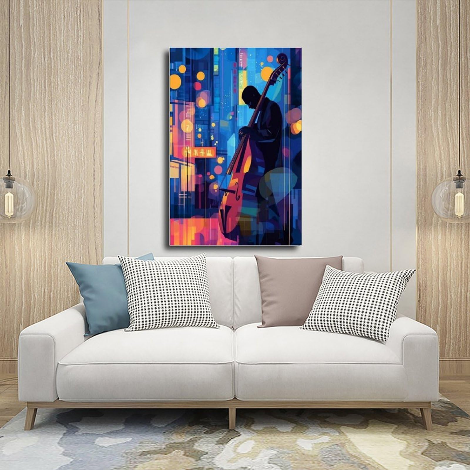 Stampa artistica da parete con motivo bassista jazz e musica al neon, decorazione artistica da parete per soggiorno e camera da letto, 60 x 90 cm